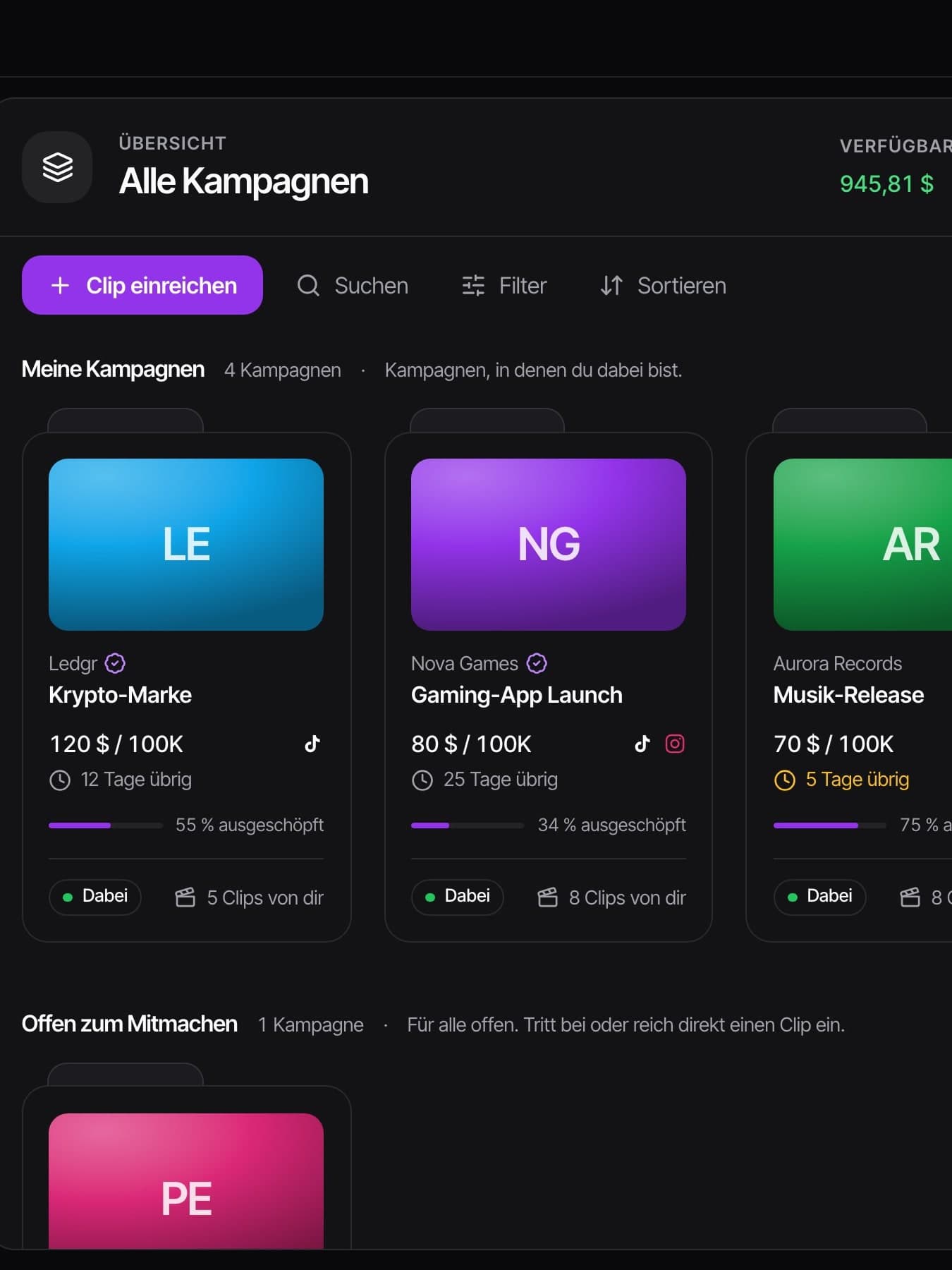 Die Clipper-App von geistclips: deine Kampagnen mit Rate, Plattformen und Restlaufzeit, darüber dein verfügbarer und ausgezahlter Verdienst.
